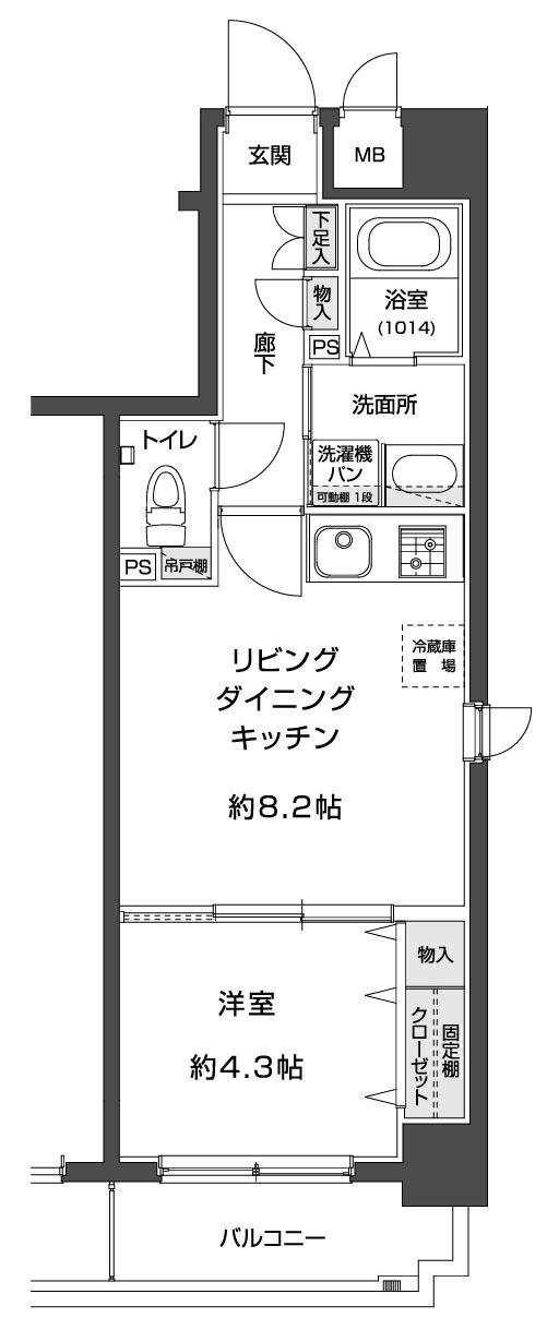 Floor plan. 1K, Price 23.5 million yen, Occupied area 33.55 sq m , Balcony area 4.09 sq m