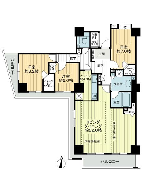 Floor plan. 3LDK, Price 58,800,000 yen, Footprint 106.62 sq m , Balcony area 19.86 sq m