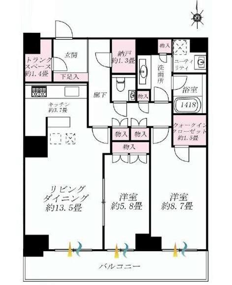 Floor plan. 2LDK, Price 51,500,000 yen, Occupied area 85.72 sq m , Balcony area 13 sq m Floor