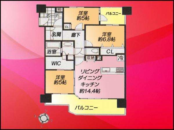 Floor plan. 3LDK, Price 54,800,000 yen, Occupied area 75.68 sq m , Balcony area 18.69 sq m floor plan! Storage enhancement with a walk-in closet