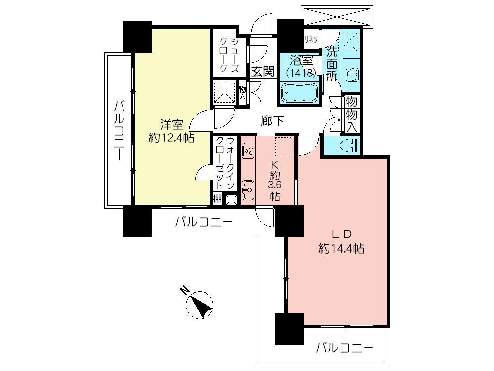 Floor plan. 1LDK, Price 43,800,000 yen, Occupied area 73.86 sq m , Balcony area 19.89 sq m