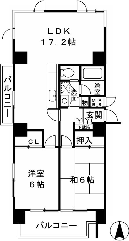 Floor plan. 2LDK, Price 21,800,000 yen, Occupied area 64.53 sq m , Balcony area 9.6 sq m   ■ 7th floor per good ventilation