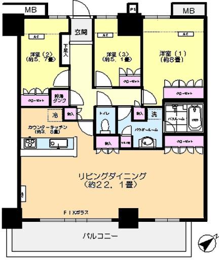 Floor plan. 3LDK, Price 69,800,000 yen, The area occupied 100.3 sq m , Balcony area 15.3 sq m
