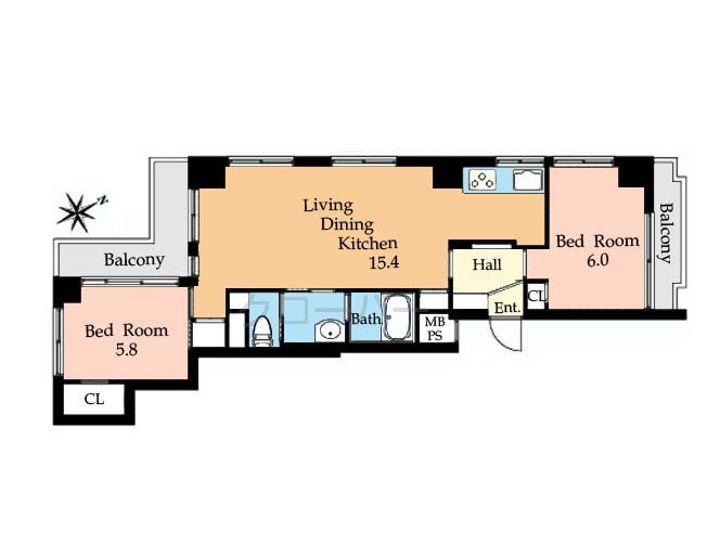 Floor plan. 2LDK, Price 31,800,000 yen, Occupied area 62.55 sq m , Balcony area 8.92 sq m