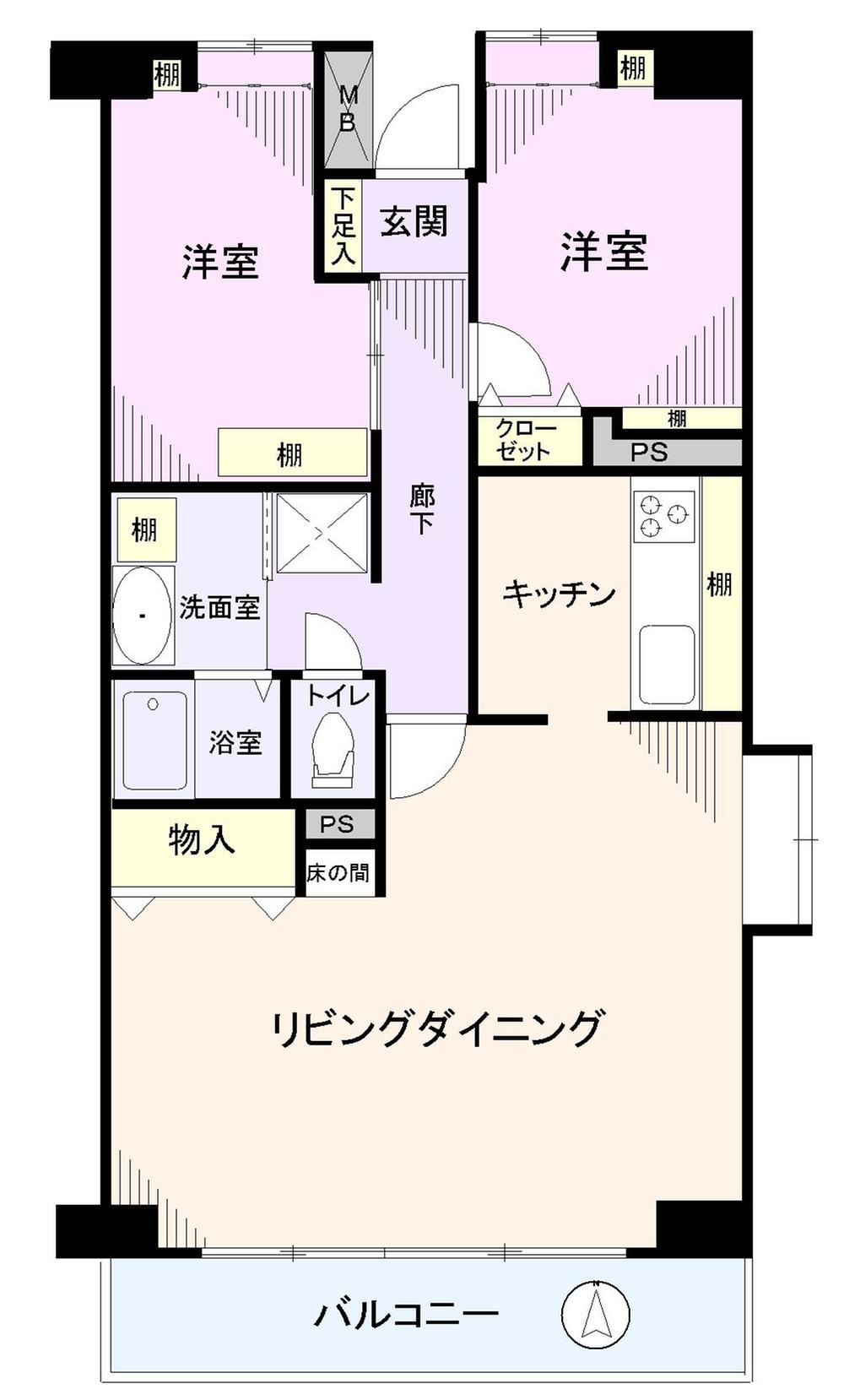Floor plan. 2LDK, Price 39 million yen, Occupied area 76.42 sq m , Balcony area 8.35 sq m