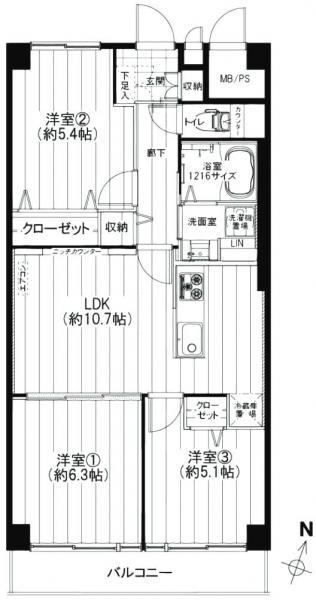 Floor plan. 3LDK, Price 24,990,000 yen, Footprint 61.6 sq m , Balcony area 7.84 sq m