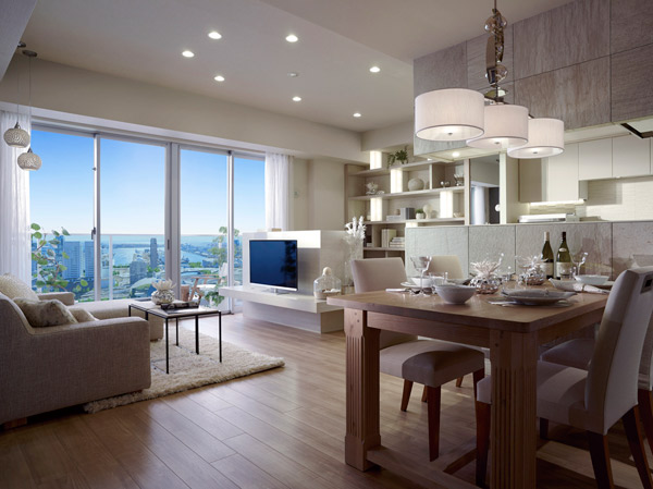 Living.  [SE-70J type / 2LDK+WIC+SIC ・ 70.63 sq m  Living Dining Kitchen]  ※ Listed above photos model room (SE-70J type) , 31 floor equivalent (building located near the December 2012 shooting, Not so far from the actual somewhat different in those CG processing the photos of January 2013 shooting). Also, Some optional specifications (paid ・ Including the application deadline Yes).  ※ The view, It is not intended to be guaranteed over future.