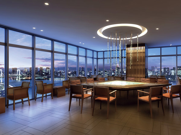 Features of the building.  [Main lounge] Outside the large glass that extends from the feet to the ceiling, Fun Mel main lounge downtown district of skyscrapers views of the spectacular rather than sparkling. (Main lounge Rendering)