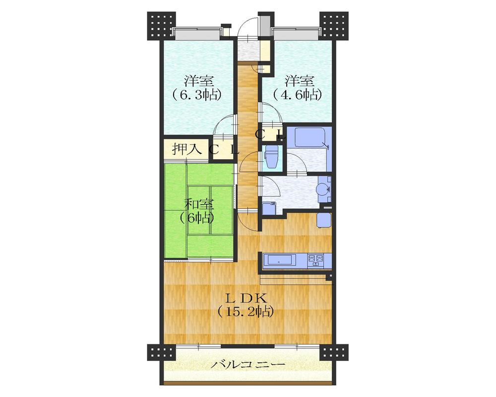 Floor plan. 3LDK, Price 33,800,000 yen, Occupied area 68.54 sq m , Balcony area 9.45 sq m