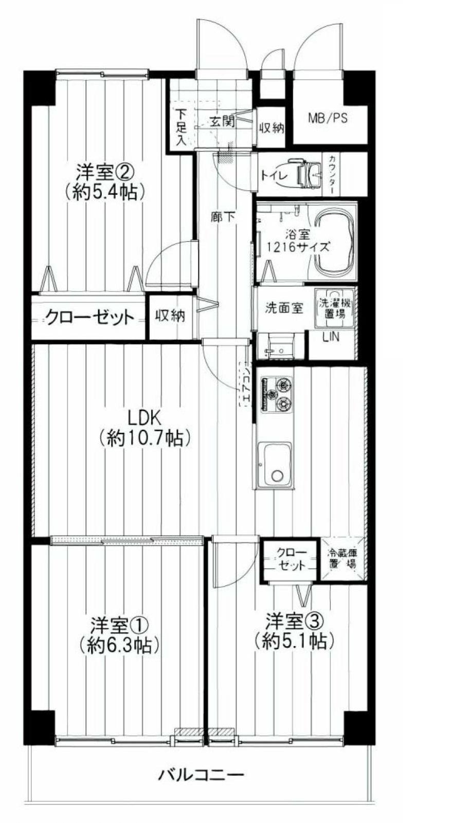 Floor plan. 3LDK, Price 24,990,000 yen, Footprint 61.6 sq m , Balcony area 7.84 sq m