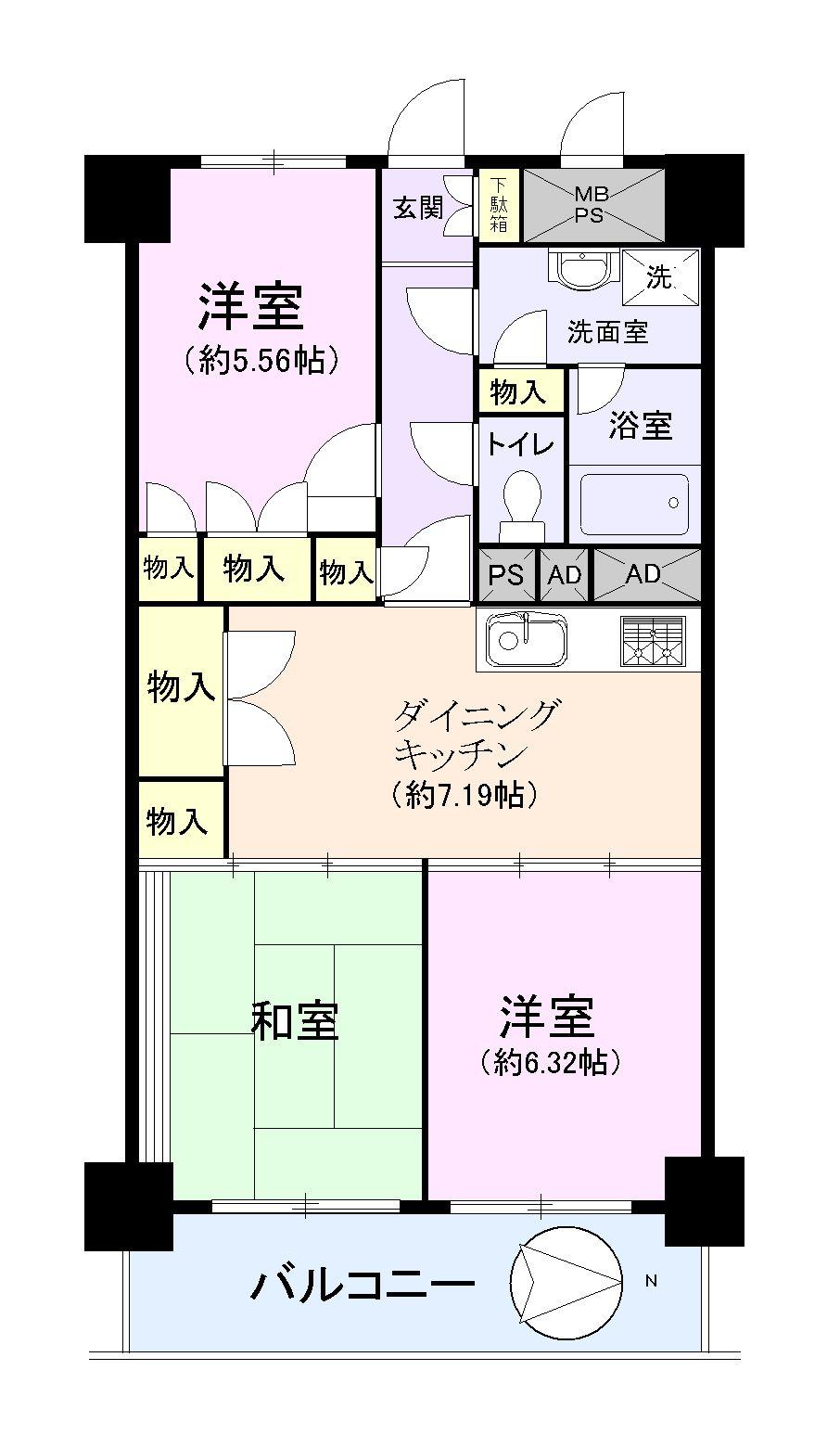 Floor plan. 3DK, Price 18 million yen, Occupied area 61.48 sq m , Balcony area 8.7 sq m