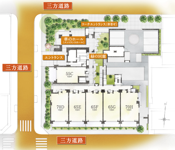 Features of the building.  [Fulfill the "three-way road", Open feeling and private property] "Park Homes Kinshicho Sarue Imperial Park "is, Set back from the main street (about 300m to Keiyo road), Location where three sides facing the road. By maintain the distance between adjacent land, Private of the height and at the same time, It has achieved a distribution building with excellent sense of openness to the lighting of. (Site layout)