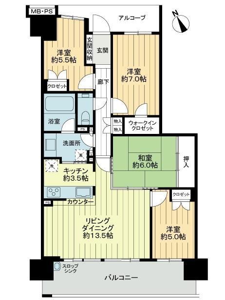 Floor plan. 4LDK, Price 48 million yen, Occupied area 90.74 sq m , Balcony area 14.76 sq m