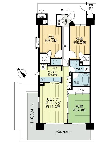 Floor plan. 3LDK, Price 39,800,000 yen, Occupied area 73.67 sq m , Balcony area 14.75 sq m