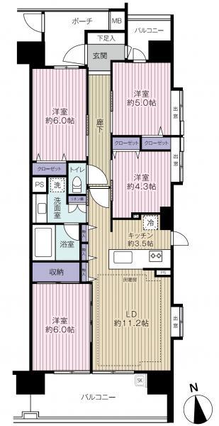 Floor plan. 4LDK, Price 38,800,000 yen, Footprint 80.9 sq m , Balcony area 15.7 sq m