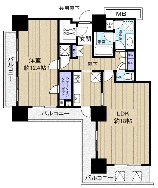 Floor plan. 1LDK, Price 44,800,000 yen, Occupied area 73.86 sq m , Balcony area 19.89 sq m