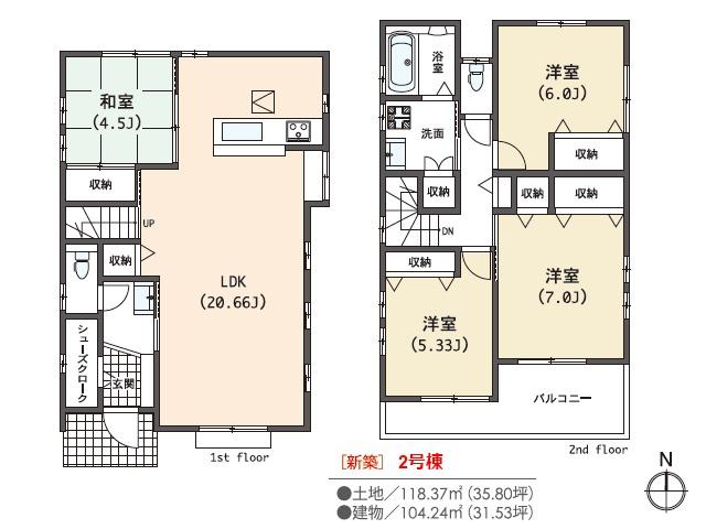 Floor plan. 66,800,000 yen, 4LDK, Land area 118.37 sq m , Building area 104.24 sq m National community-acquired 1-chome floor plan Building 2