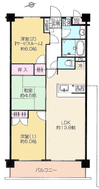 Floor plan. 3LDK, Price 28.8 million yen, Occupied area 64.38 sq m , Balcony area 8 sq m