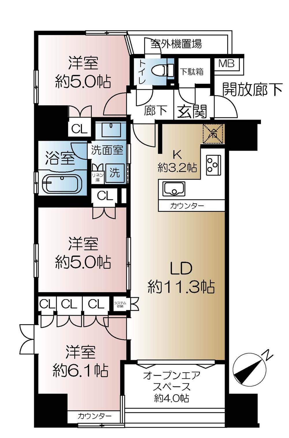 Floor plan. 3LDK, Price 34,800,000 yen, Occupied area 65.03 sq m , Balcony area 6.6 sq m