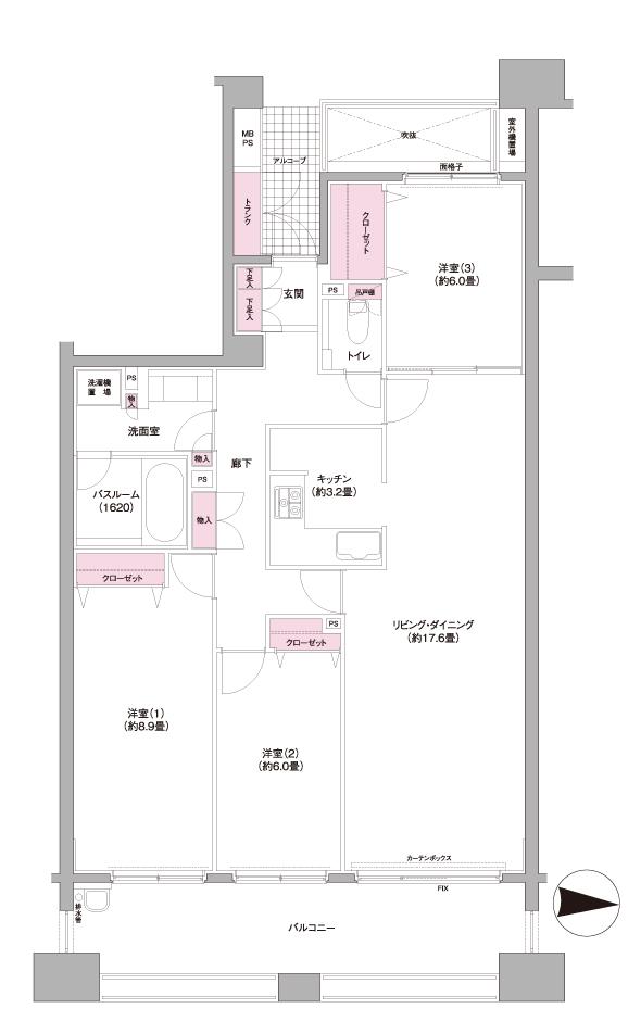 Floor plan. 3LDK, Price 48,800,000 yen, Occupied area 97.35 sq m , Balcony area 18.27 sq m