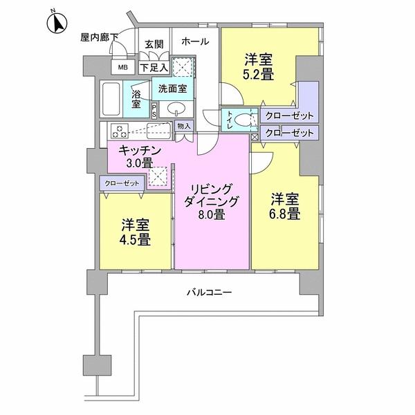 Floor plan. 3LDK, Price 26,800,000 yen, Footprint 65.5 sq m , Balcony area 15.58 sq m