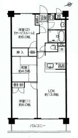 Floor plan. 3LDK, Price 28.8 million yen, Occupied area 64.38 sq m , Balcony area 8 sq m