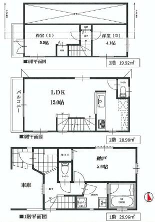 Floor plan. 33,500,000 yen, 2LDK+S, Land area 55.04 sq m , Building area 78.6 sq m