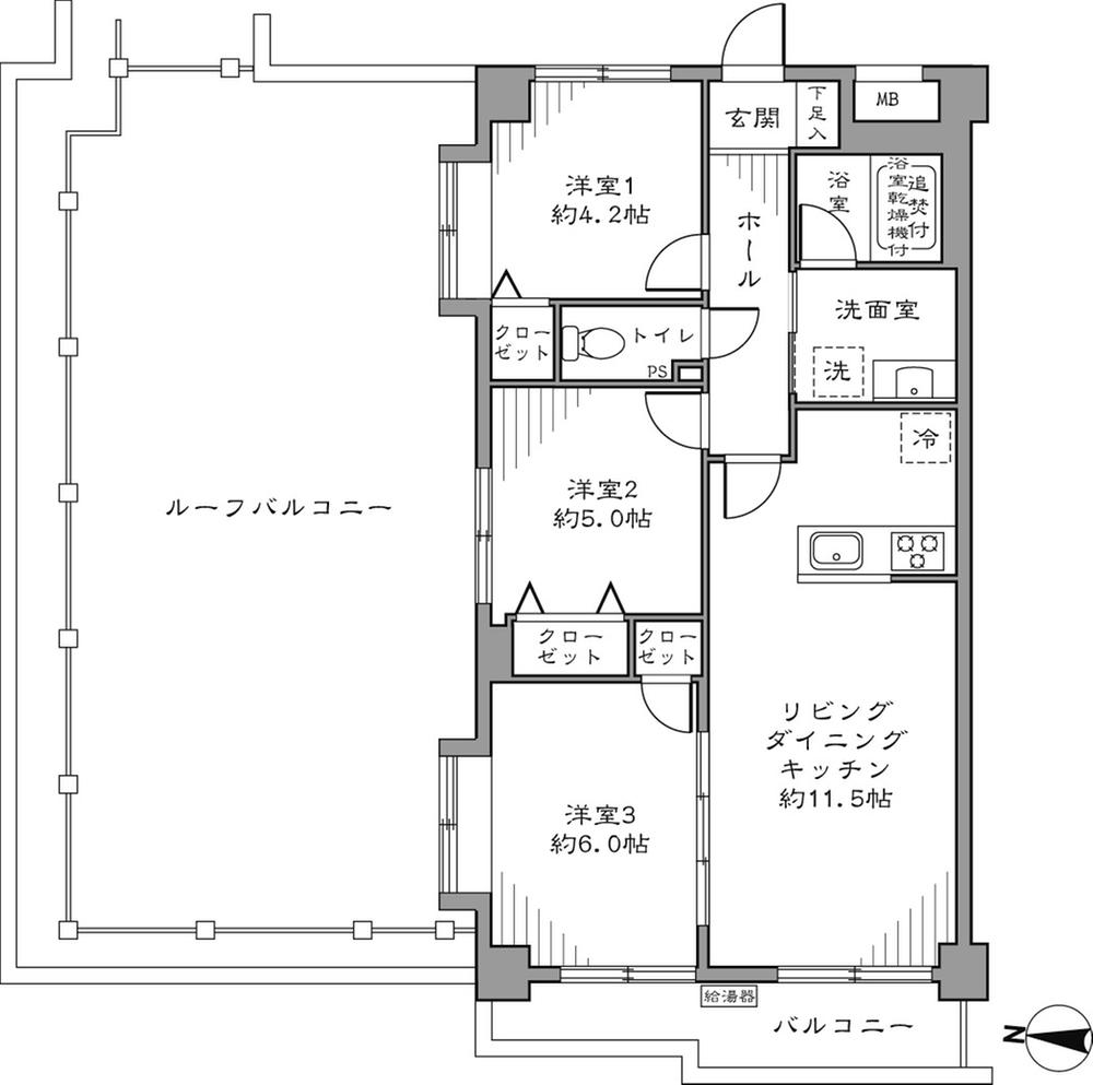 Floor plan. 3LDK, Price 26,800,000 yen, Occupied area 58.32 sq m , Large roof balcony angle room balcony area 6.1 sq m