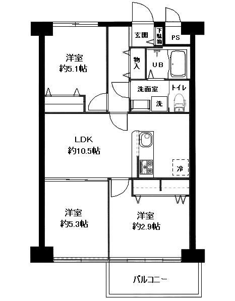 Floor plan. 3LDK, Price 29,900,000 yen, Footprint 61 sq m , Balcony area 6.75 sq m