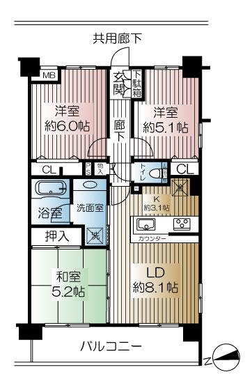Floor plan. 3LDK, Price 29,800,000 yen, Occupied area 61.76 sq m , There is a window on the south side of the south and the LD of the balcony area 9.15 sq m Western-style (about 5.1 Pledge)