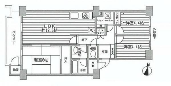 Floor plan. 3LDK, Price 22,800,000 yen, Occupied area 66.16 sq m , Balcony area 7.3 sq m