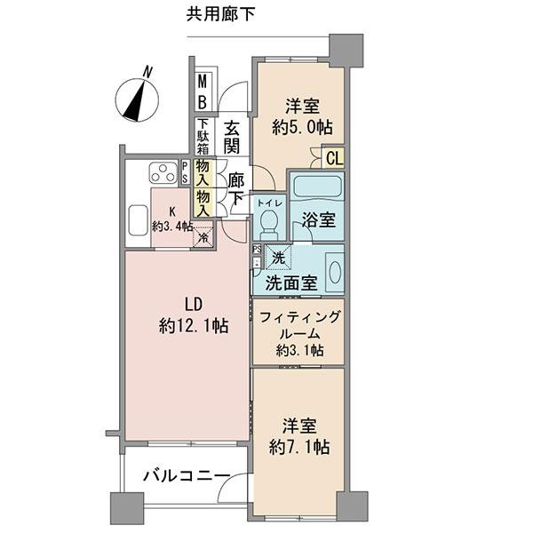 Floor plan. 2LDK, Price 29,900,000 yen, Occupied area 63.94 sq m , Balcony area 7.14 sq m