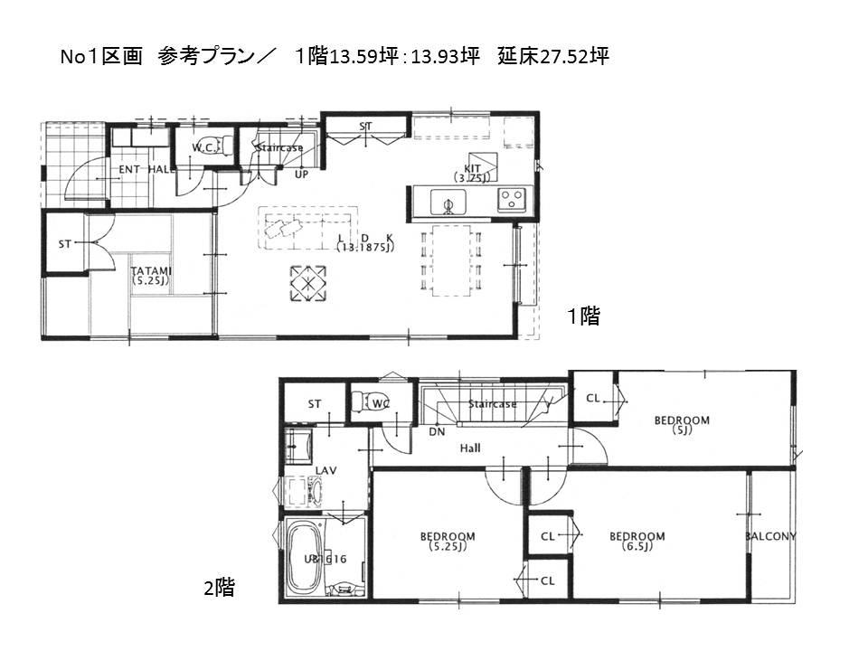 Building plan example (floor plan). Building plan example (No1) 4LDK, Land price 23.8 million yen, Land area 120.15 sq m , Building price 13,760,000 yen, Building area 90.98 sq m