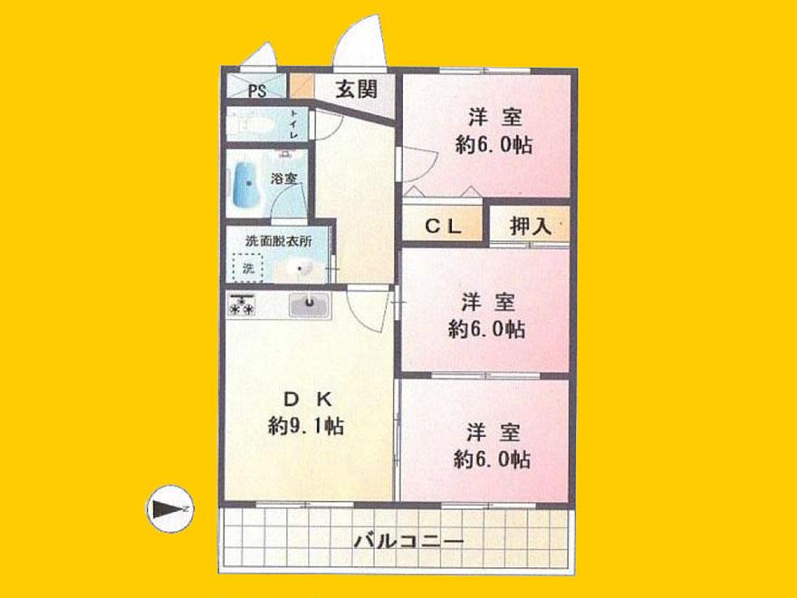 Floor plan. 3DK, Price 16.8 million yen, Occupied area 62.08 sq m , Balcony area 9.28 sq m