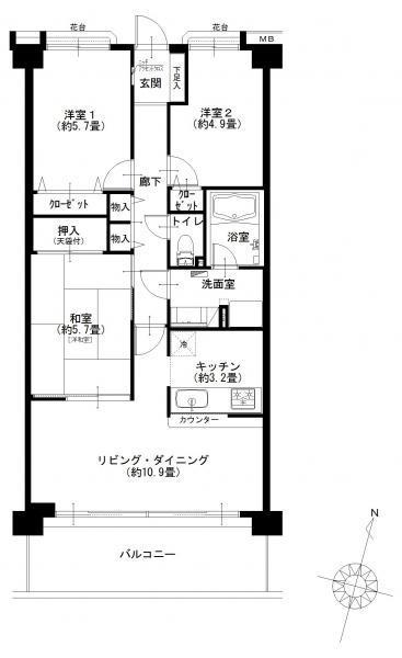 Floor plan. 3LDK, Price 26,900,000 yen, Occupied area 69.02 sq m , Balcony area 11.56 sq m