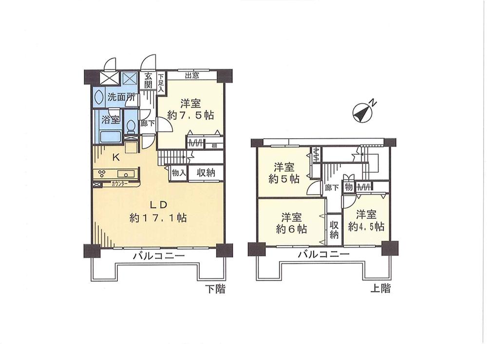 Floor plan. 4LDK, Price 48 million yen, Occupied area 99.33 sq m , Is a floor plan of the luxury maisonette of only balcony area 15.86 sq m top floor dwelling unit. Change to 4LDK from the original 5LDK, It has achieved a spacious living-dining.