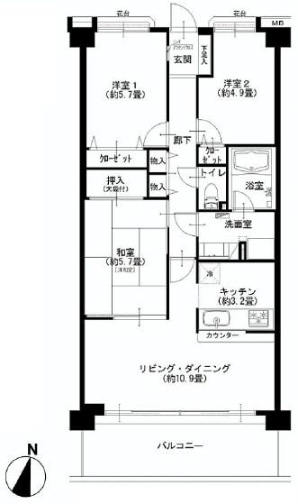 Floor plan. 3LDK, Price 26,900,000 yen, Occupied area 69.02 sq m , Balcony area 11.56 sq m