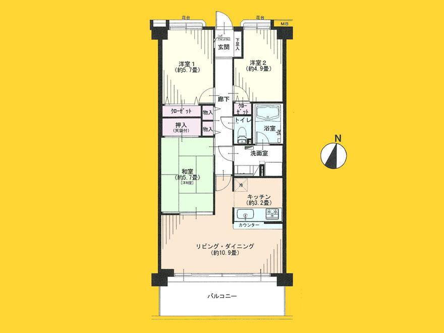 Floor plan. 3LDK, Price 26,900,000 yen, Occupied area 69.02 sq m , Balcony area 11.56 sq m