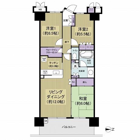 Floor plan. 3LDK, Price 22 million yen, Occupied area 75.11 sq m , Balcony area 12.4 sq m is a big family Cloak charm