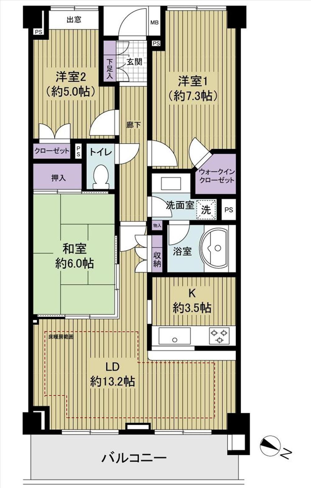 Floor plan. 3LDK, Price 27,800,000 yen, Occupied area 76.06 sq m , Balcony area 9.3 sq m