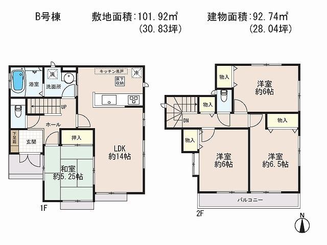 Floor plan. (B Building), Price 36,800,000 yen, 4LDK, Land area 101.92 sq m , Building area 92.74 sq m