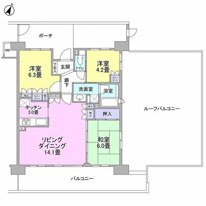 Floor plan. South ・ east ・ North of the three-direction room 3LD ・ K type Roof balcony 57.9