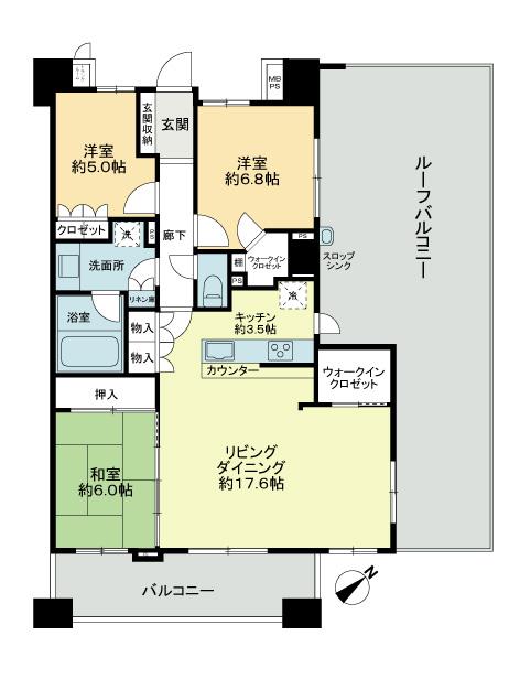 Floor plan. 3LDK, Price 34,800,000 yen, Occupied area 90.41 sq m , Balcony area 12.67 sq m