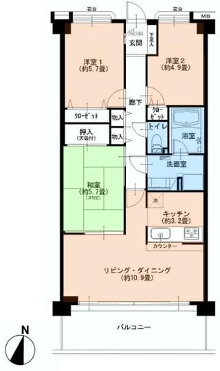 Floor plan. 3LDK, Price 26,900,000 yen, Occupied area 69.02 sq m , Balcony area 11.56 sq m
