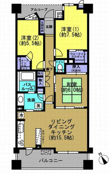 Floor plan. 3LDK, Price 28.8 million yen, Footprint 80.5 sq m , Balcony area 11.91 sq m