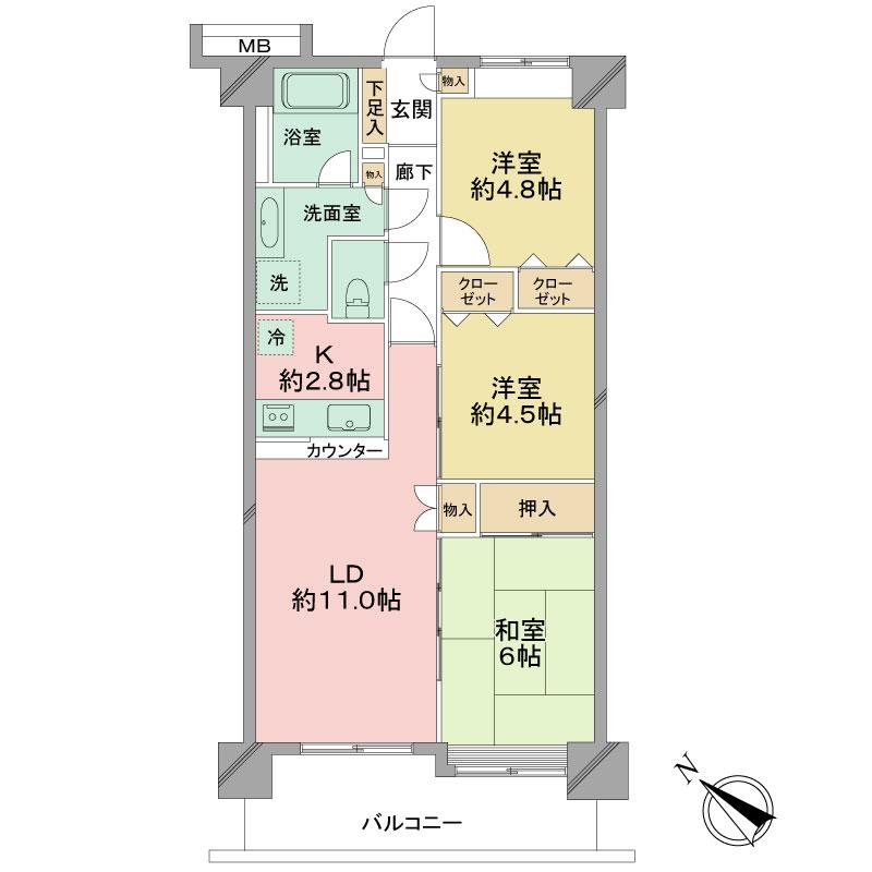 Floor plan. 3LDK, Price 28.8 million yen, Occupied area 65.49 sq m , Balcony area 9.63 sq m 2014 early January renovation scheduled to be completed