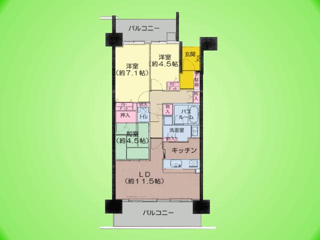 Floor plan. 3LDK, Price 34,800,000 yen, Occupied area 71.04 sq m , Balcony area 20.88 sq m