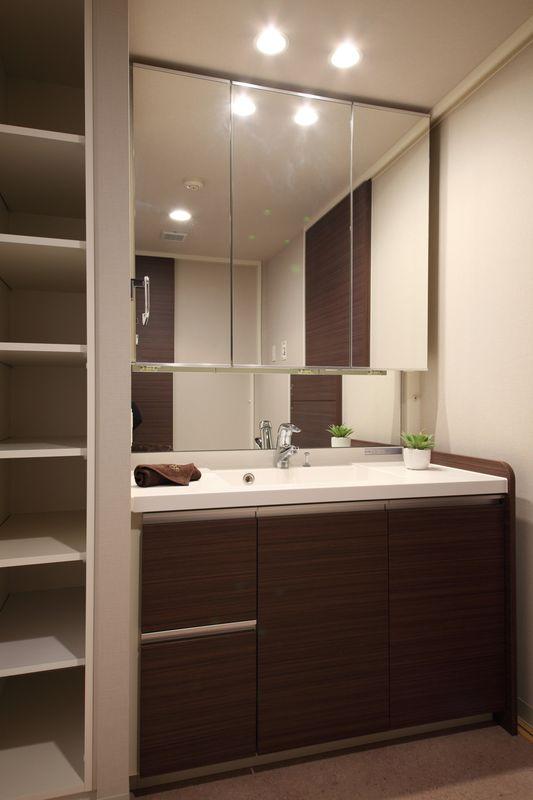 Wash basin, toilet. Three-sided mirror