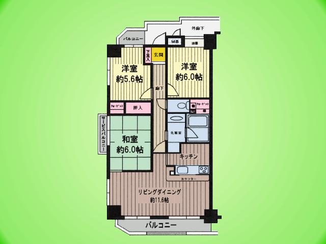 Floor plan. 3LDK, Price 24.5 million yen, Footprint 71.5 sq m , Balcony area 10.85 sq m