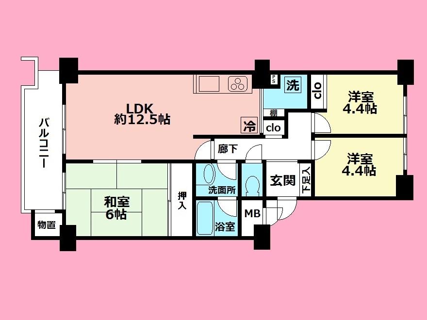 Floor plan. 3LDK, Price 22,800,000 yen, Occupied area 66.16 sq m , Balcony area 7.3 sq m